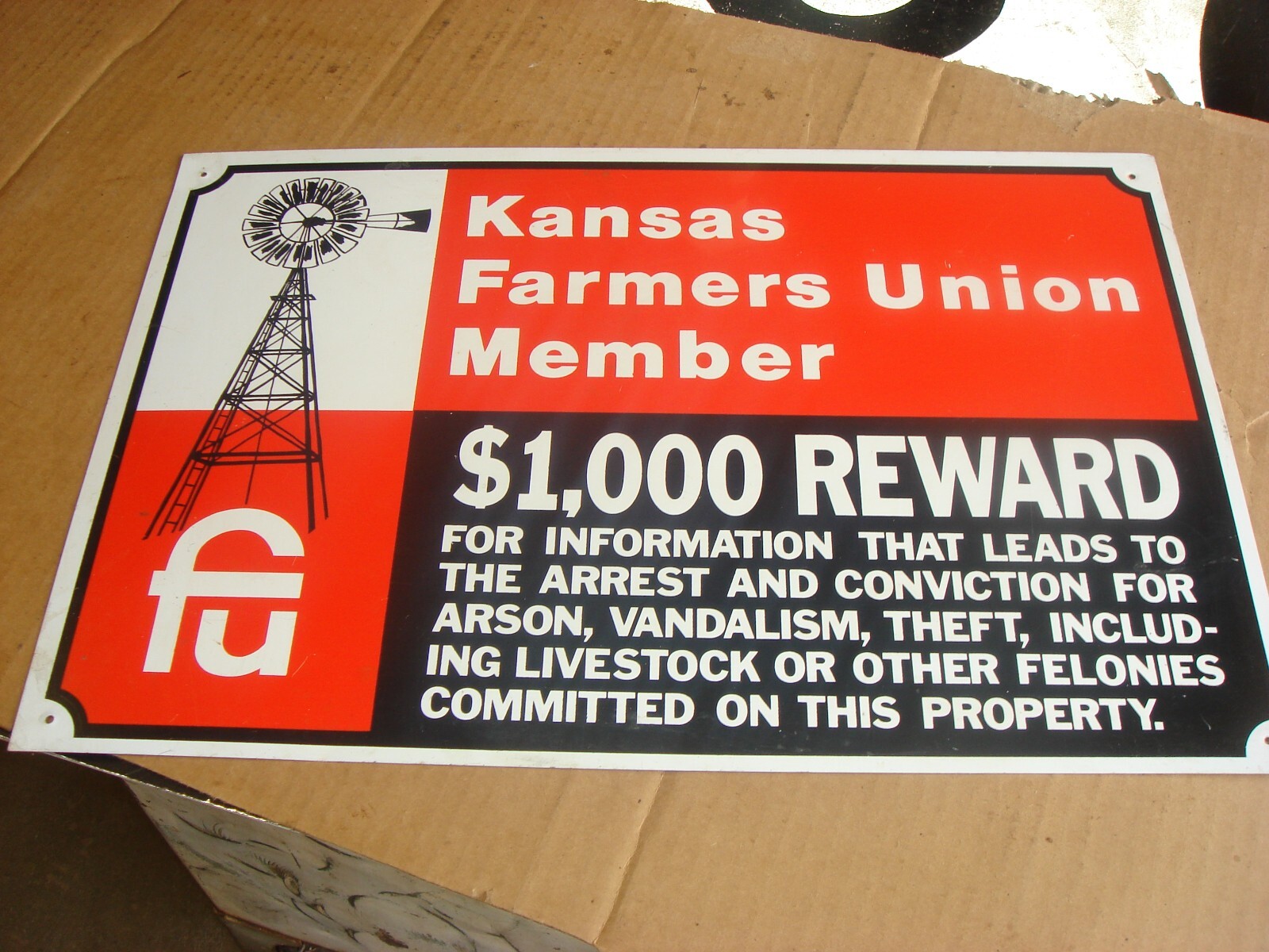 Vintage NOS 8×12″ KANSAS FARM UNION MEMBER BUREAU $1000 REWARD SIGN Lot #4