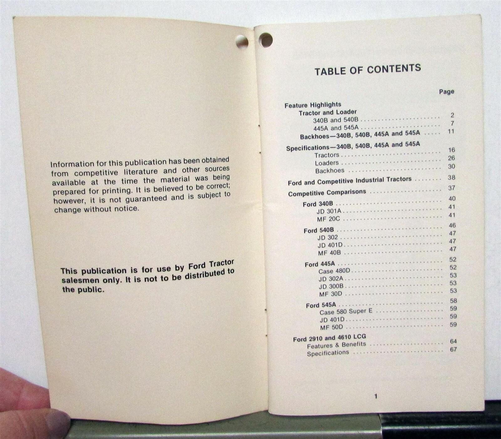 1984 Ford 340B 540B 445A Construction Specifications Salesman Reference Brochure
