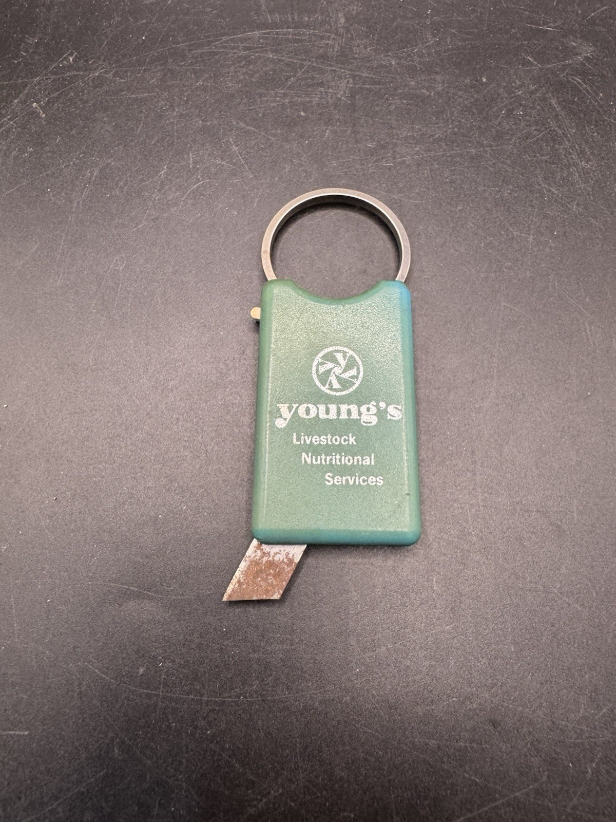 Vintage Action Line Holland Box Cutter Keychain Young’s Livestock Advertising