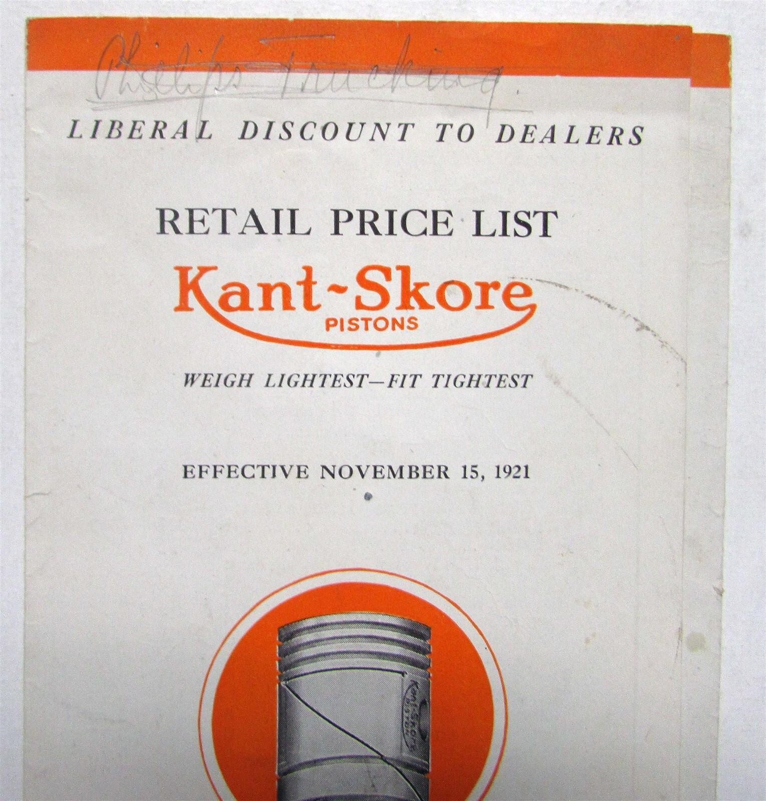 1921 Kant Skore Pistons Retail Pricing Lists Brochure