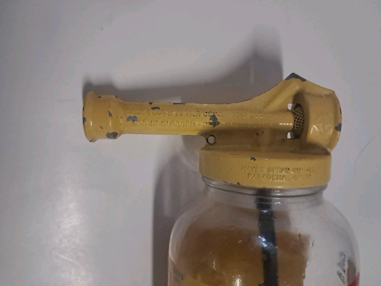 Vintage Ortho Lawn Sprayer Glass Jar Yellow Metal Lid 8″ w/ Instructions ON IT