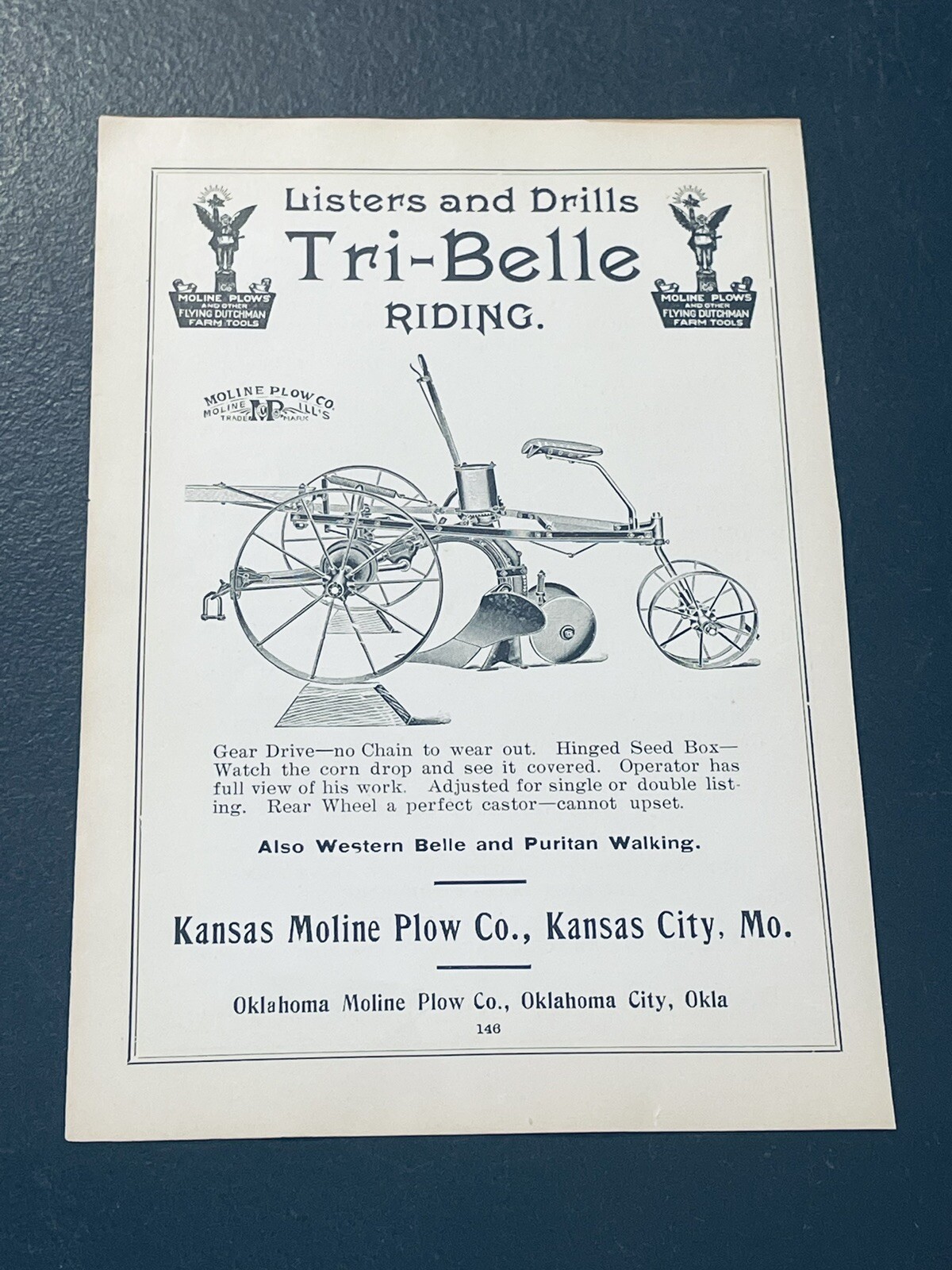 ORIGINAL 1907 Tri-Belle Farm Advertising – Kansas Moline Plow – Kansas City