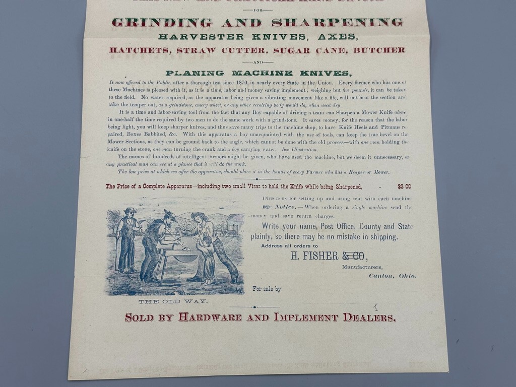 1890s Fisher’s PRAIRIE MOWER KNIFE Grinding SHARPENER Canton OH Advertising FARM