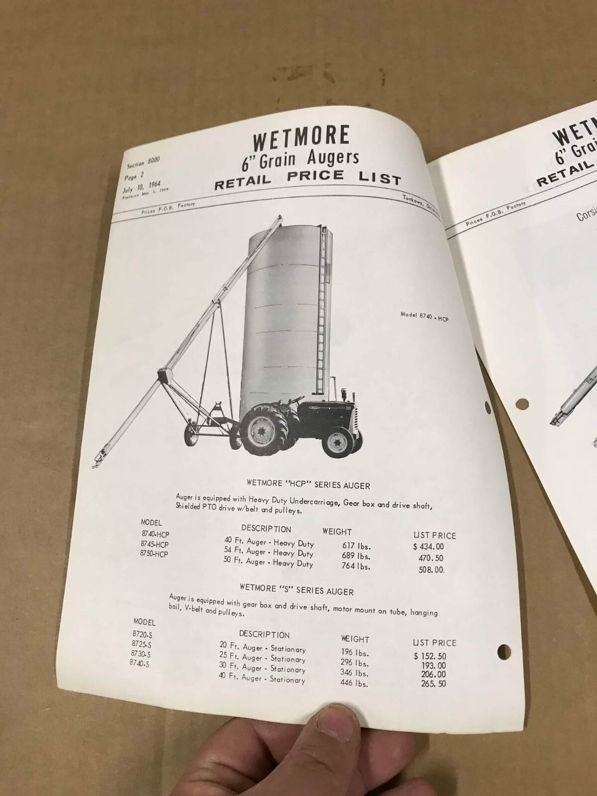 Vintage 1964 Wetmore 6″ Grain Augers Retail Price List
