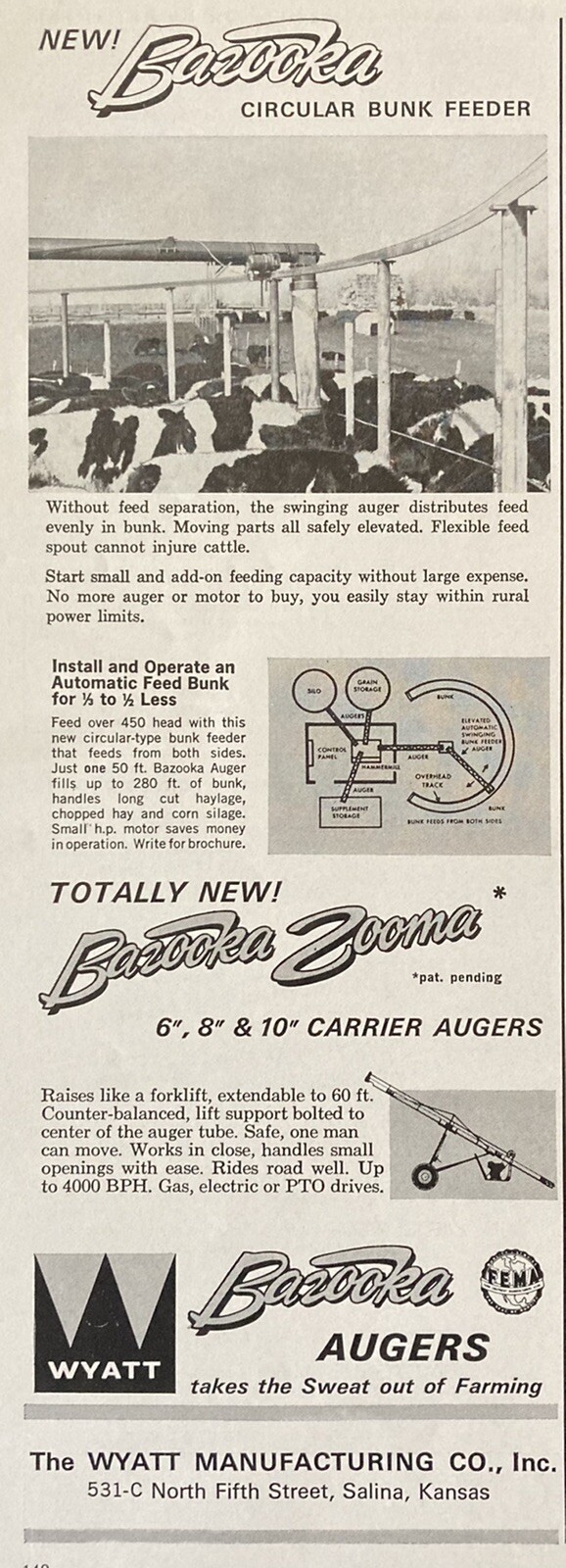 1962 AD.(XH20)~WYATT MFG. CO. SALINA, KS. NEW BAZOOKA CIRCULAR BUNK FEEDER