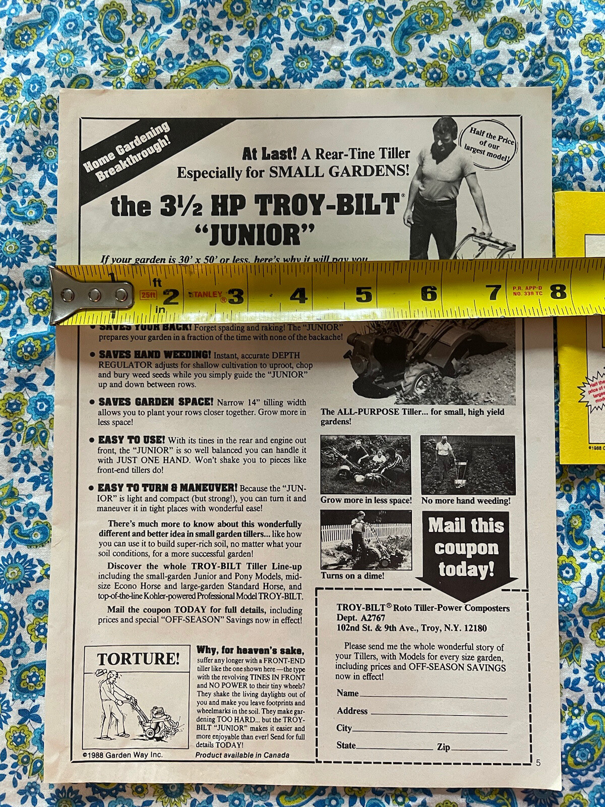 Vintage 1988 Troy Built Junior Tiller Print Ad Home Gardening