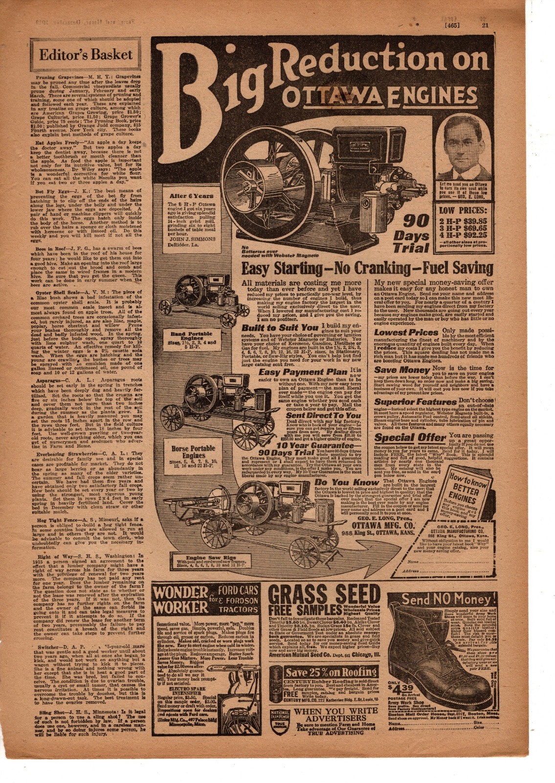 1919 Ottawa Stationary engine original ad – Ottawa KS