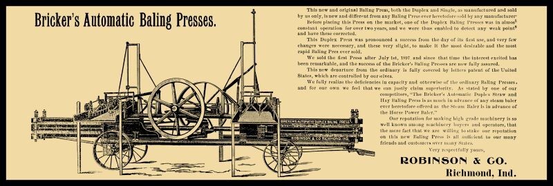 1898 Robinson Bricker Baling Press, Richmond, IN NEW Sign: 16×48″ USA Steel XXL