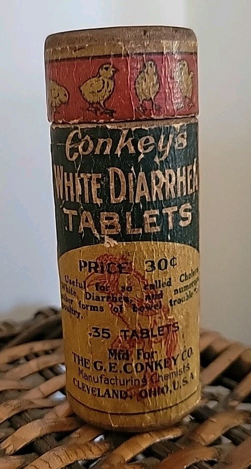 Antique Conkeys White Diarrhea Tablets Chicks Farm Medicine Rare Wood Bottle SEE