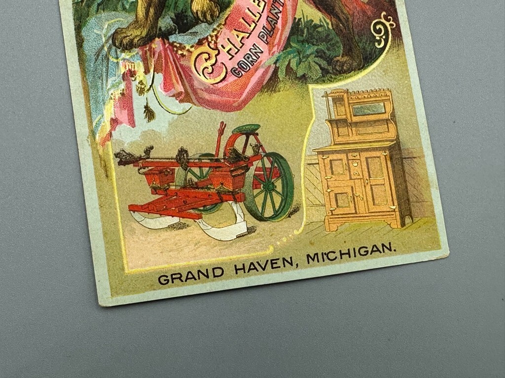 1892 CHALLENGE CORN PLANTER Advertising FARM Trade Card GRAND HAVEN MI Lion
