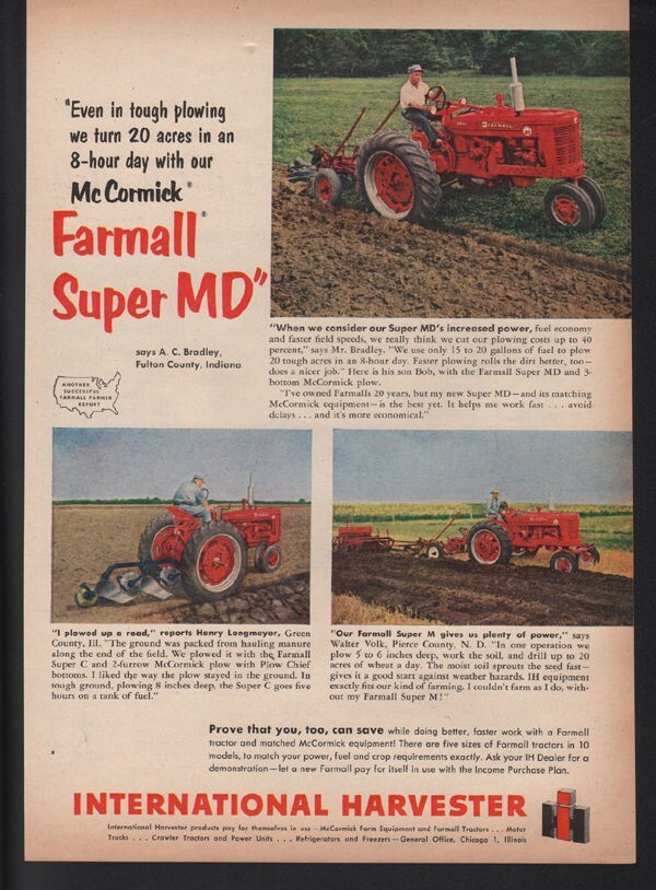 1950’S INTERNATIONAL HARVESTER McCORMICK FARMALL TRACTOR FARM AD20466