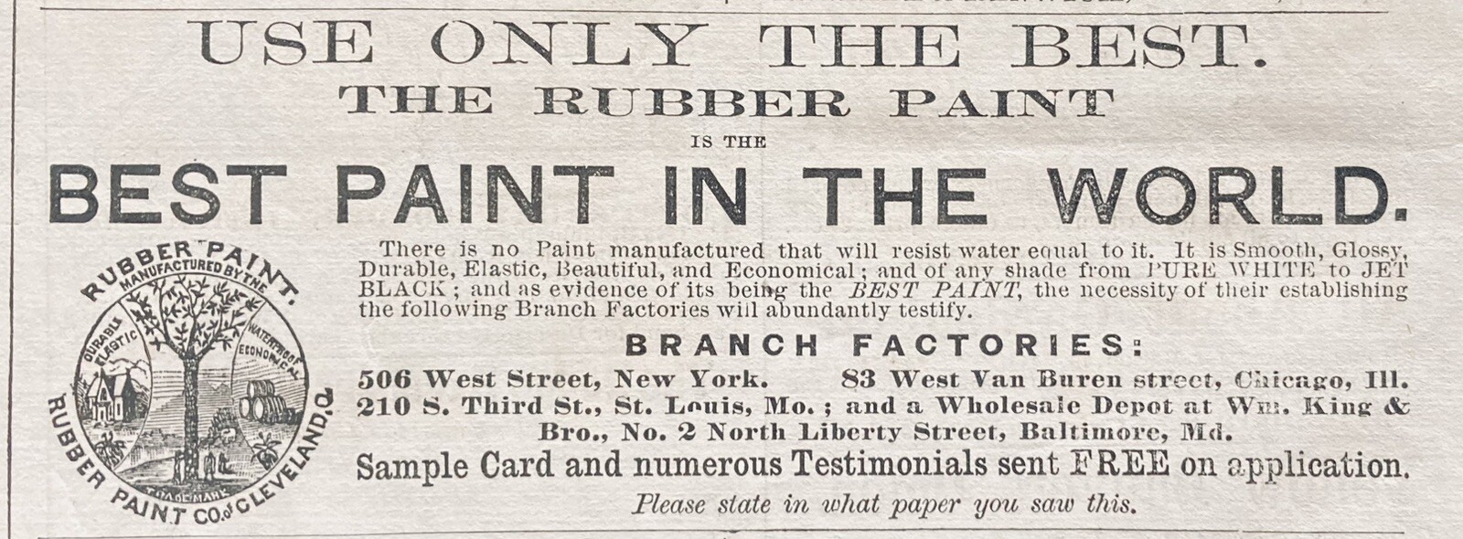 1876 AD.(XH65)~RUBBER PAINT CO. CLEVELAND. “BEST RUBBER PAINT IN THE WORLD”