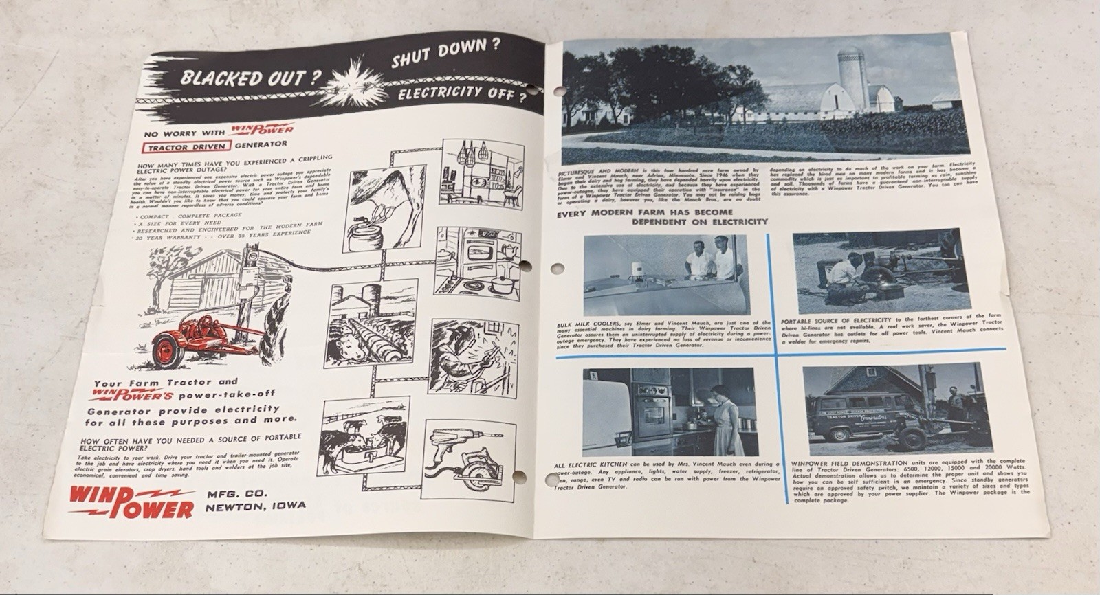 Vintage 1960’s WinPower Tractor Driven Generator Manual & Brochure, Newton Iowa