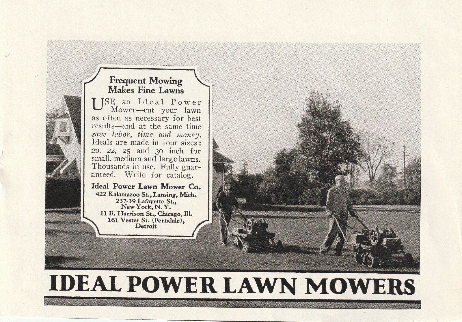 1927 Ideal Power Lawn Mower: Frequent Mowing Vintage Print Ad