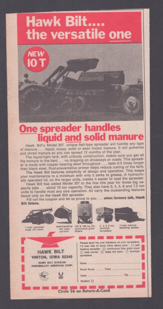 1974 Print Ad Hawk Bilt Vinton IA One Spreader Handles Liquid and Solid Manure