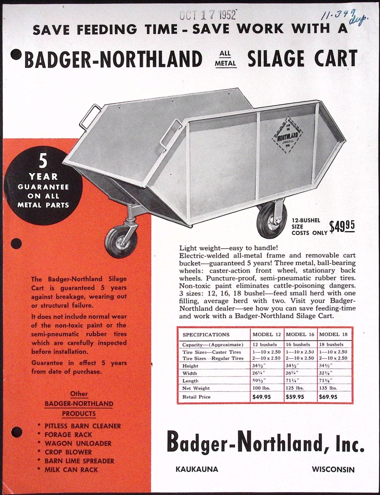 1952 Badger Northland All Metal Silage Cart Dealer Sales Brochure Kaukauna WI