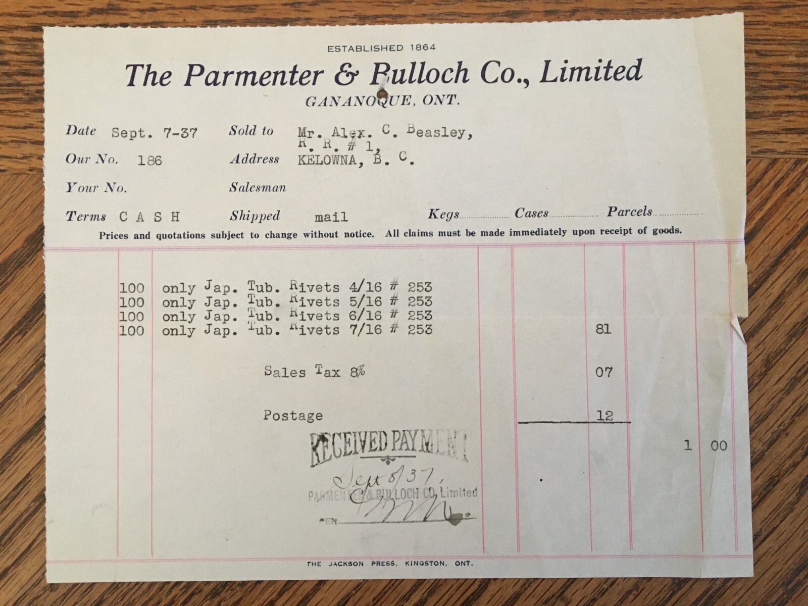 Parmenter Bulloch Co Gananoque Ontario Receipt 1937 Kelowna BC Cattle Ranch Farm