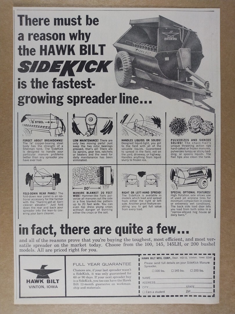 1966 Hawk Bilt SideKick Manure Spreader vintage print Ad