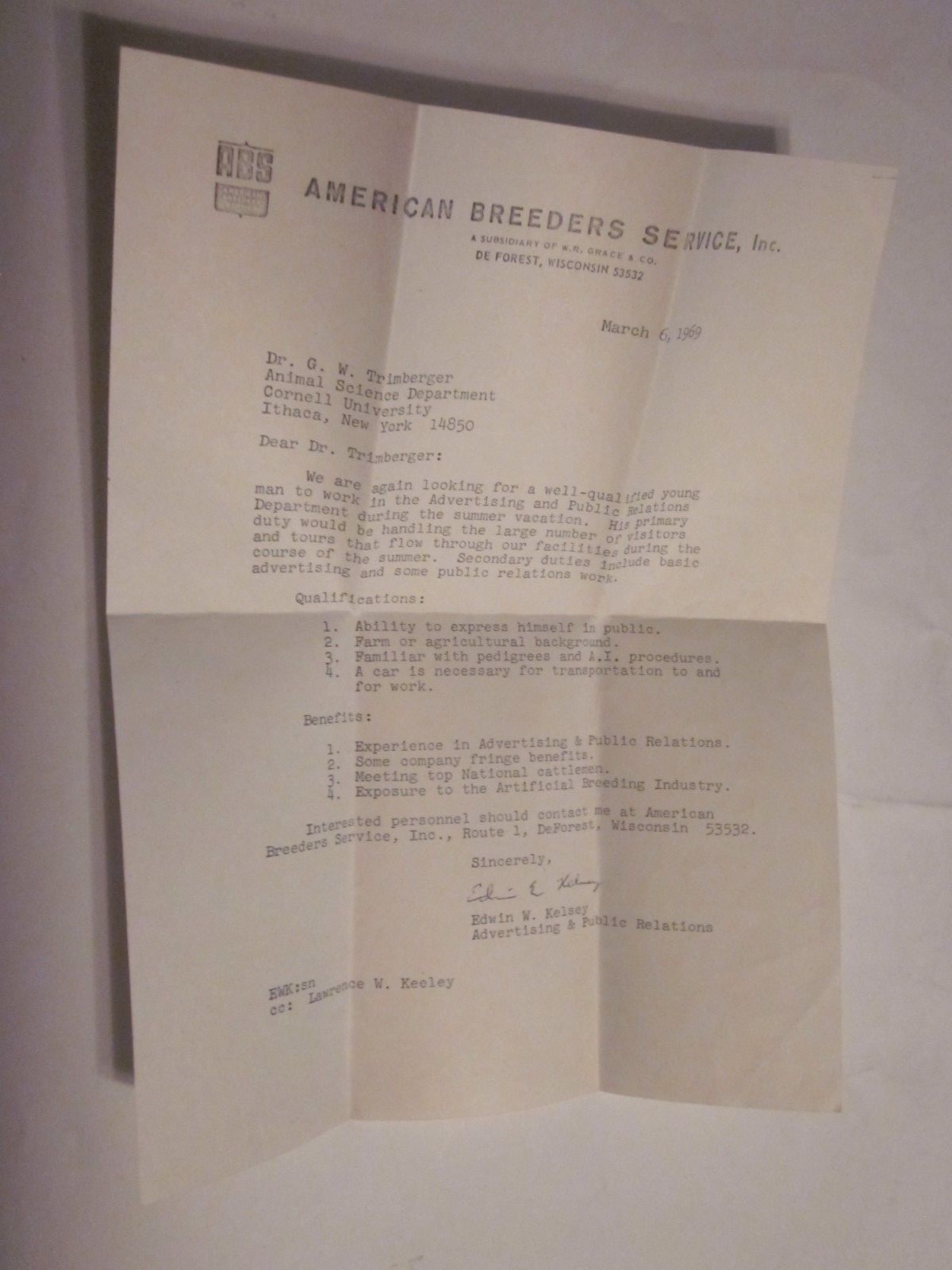 1969 American Breeders Service ABS letterhead paper job opening