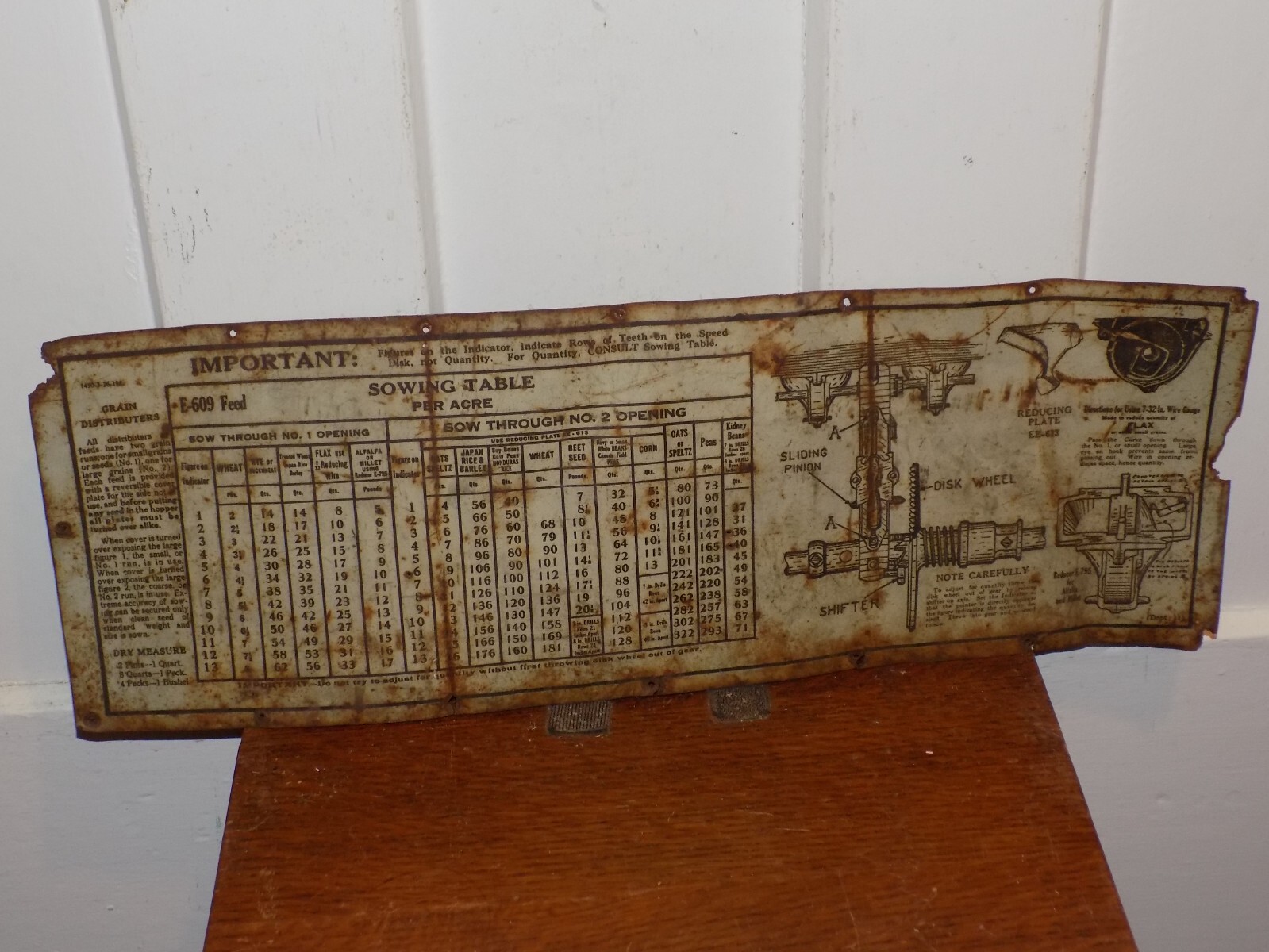 Vintage Sowing Table for Grain Tin Tacker Sign