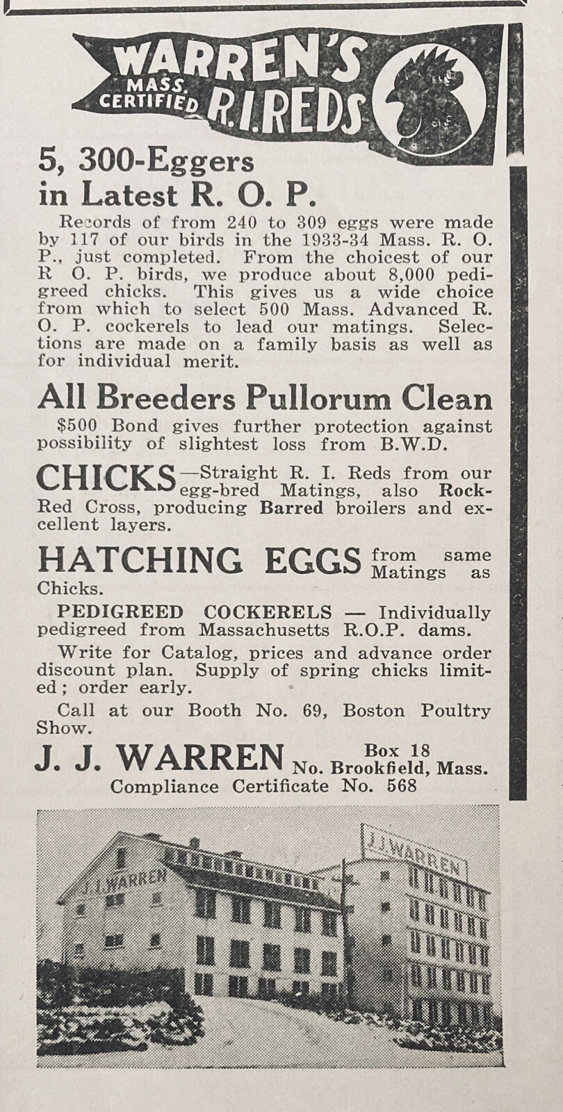 1934 AD.(XG2)~J.J. WARREN POULTRY FARM, NORTH BROOKFIELD, MASS. R.I. REDS