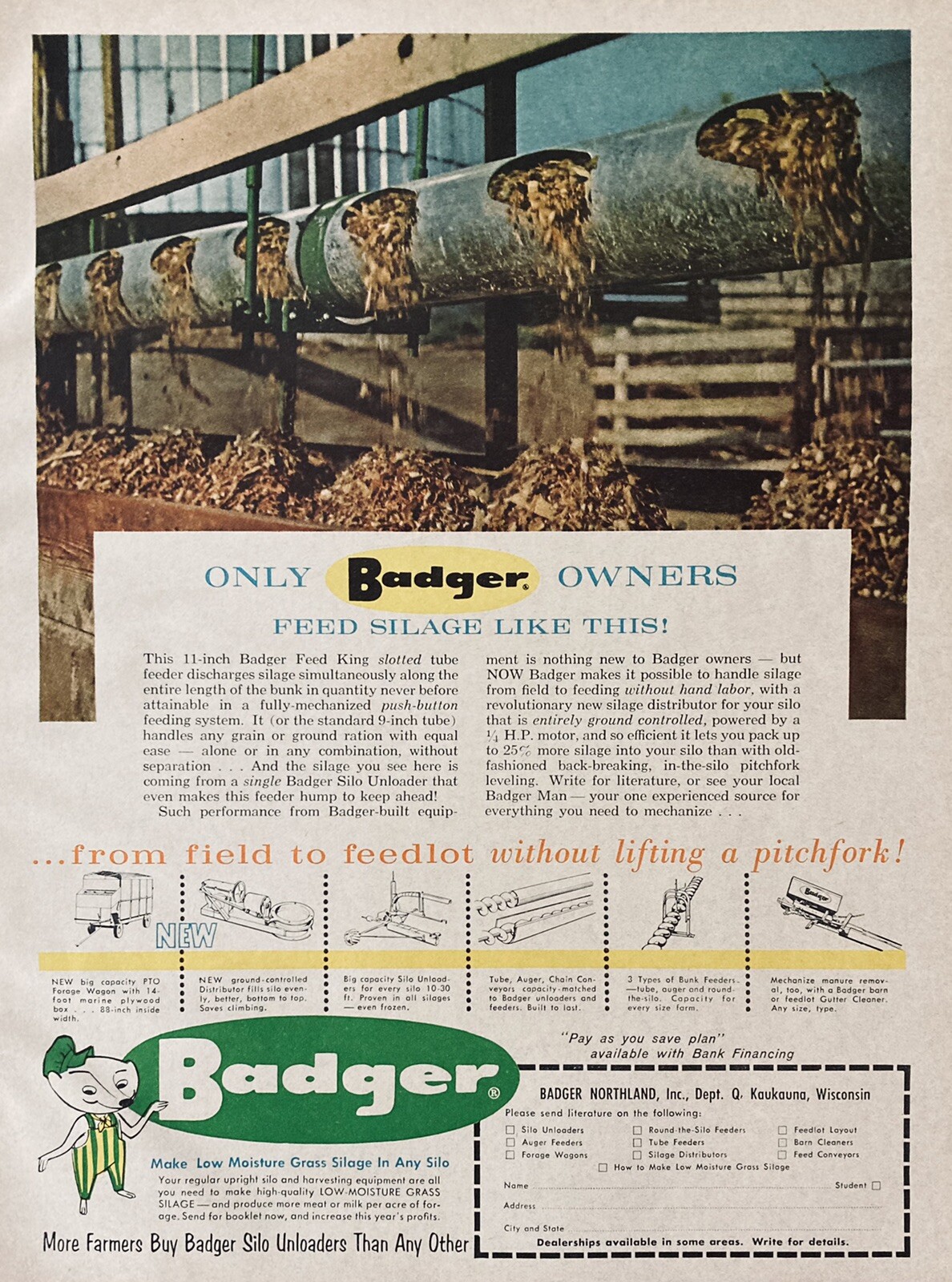 1962 AD.(XH20)~BADGER NORTHLAND, INC. KAUKAUNA, WI. BADGER FEED KING TUBE FEEDER