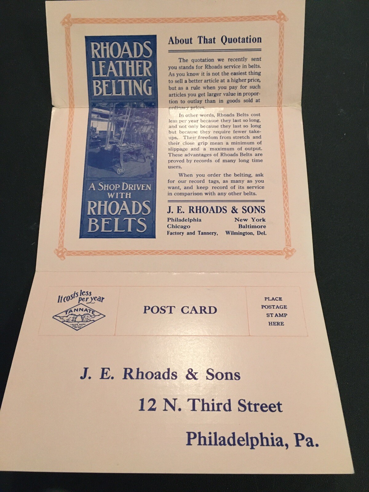 Lot Of 2 Rhoads & Sons Leather Belting Postal Ads Stamp Philadelphia