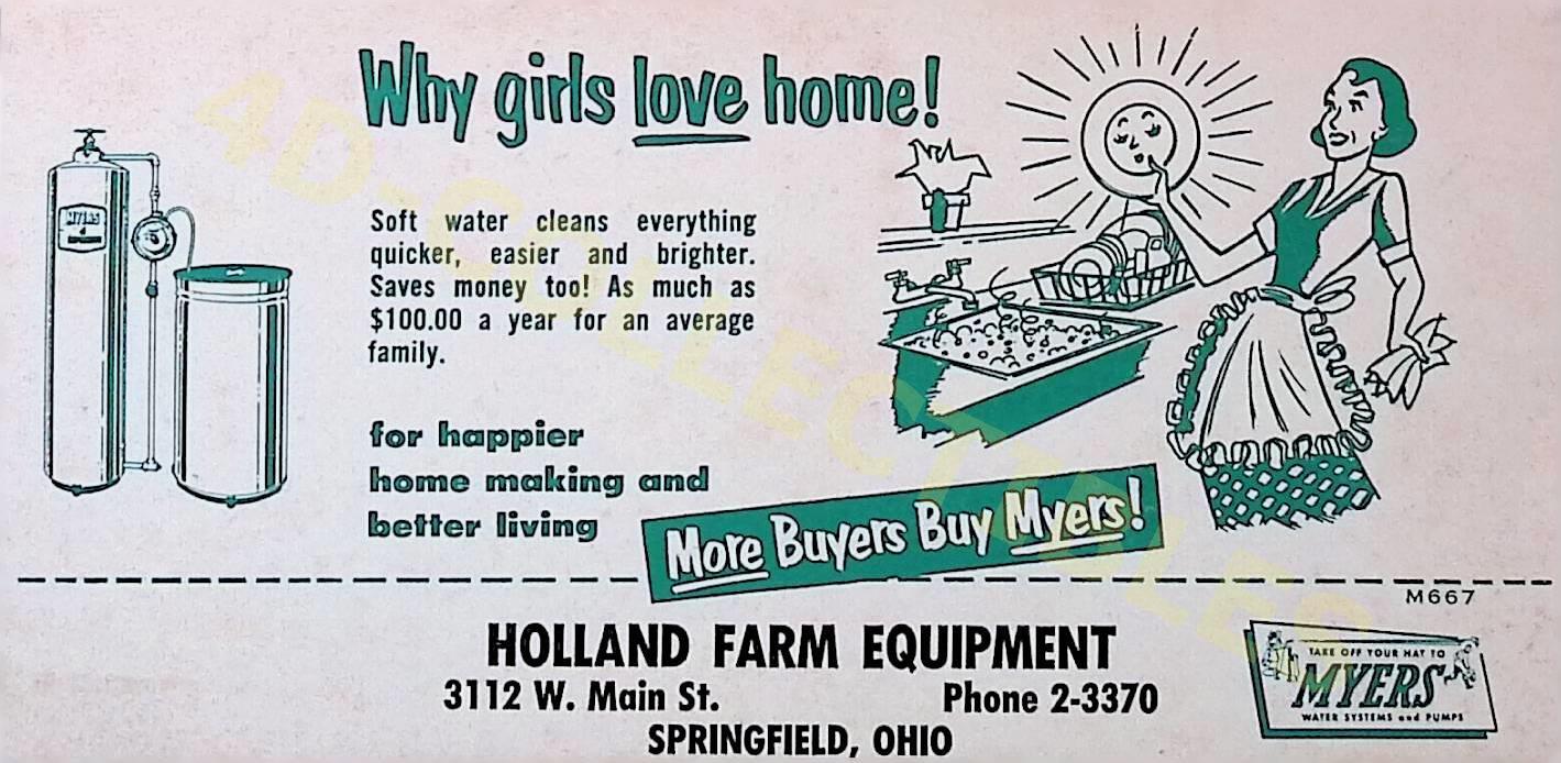 Vintage 1950s Holland Farm Equipment Ad Soft Water Myers Home Springfield Ohio