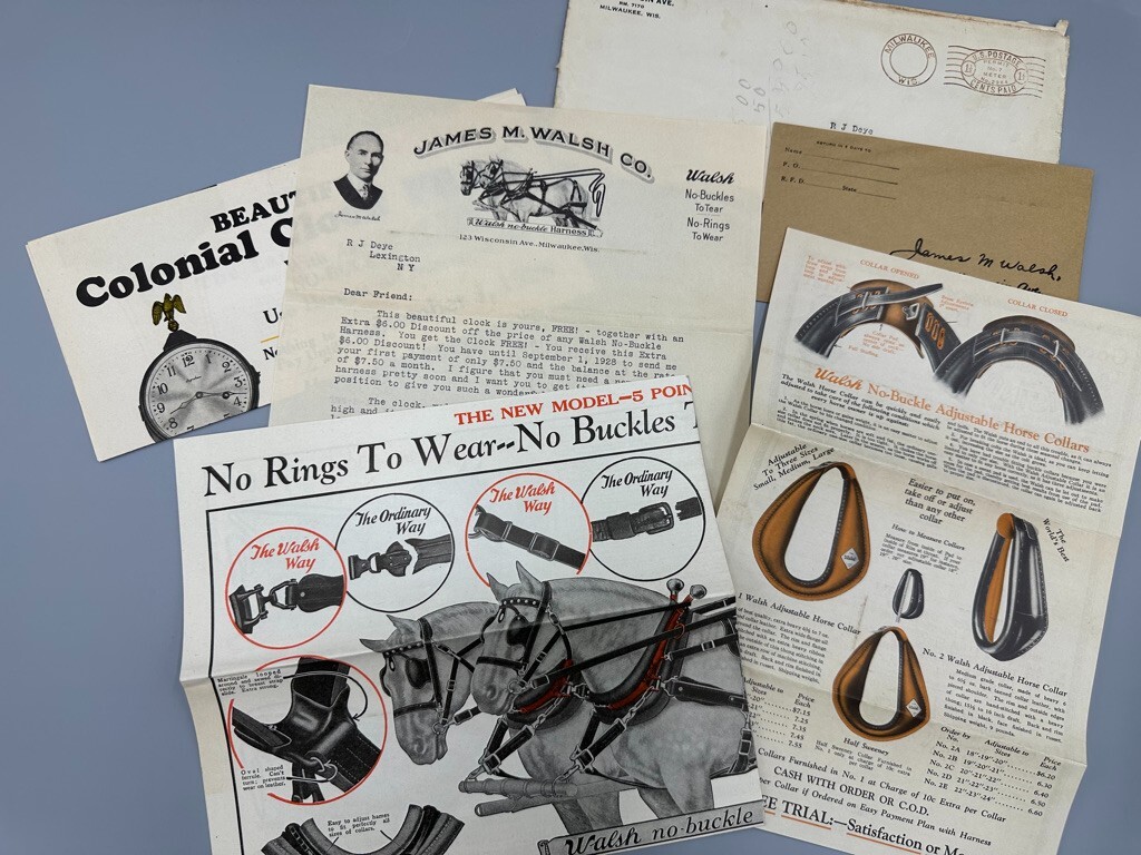 1928 James Walsh HORSE HARNESS Collars FARM Advertising MILWAUKEE Wisconsin