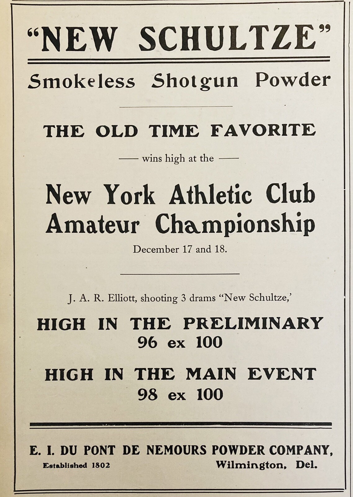 1909 AD.(XH77)~E.I. DU PONT DE NEMOURS CO. WILMINGTON, DEL. “SCHULTZE” POWDER