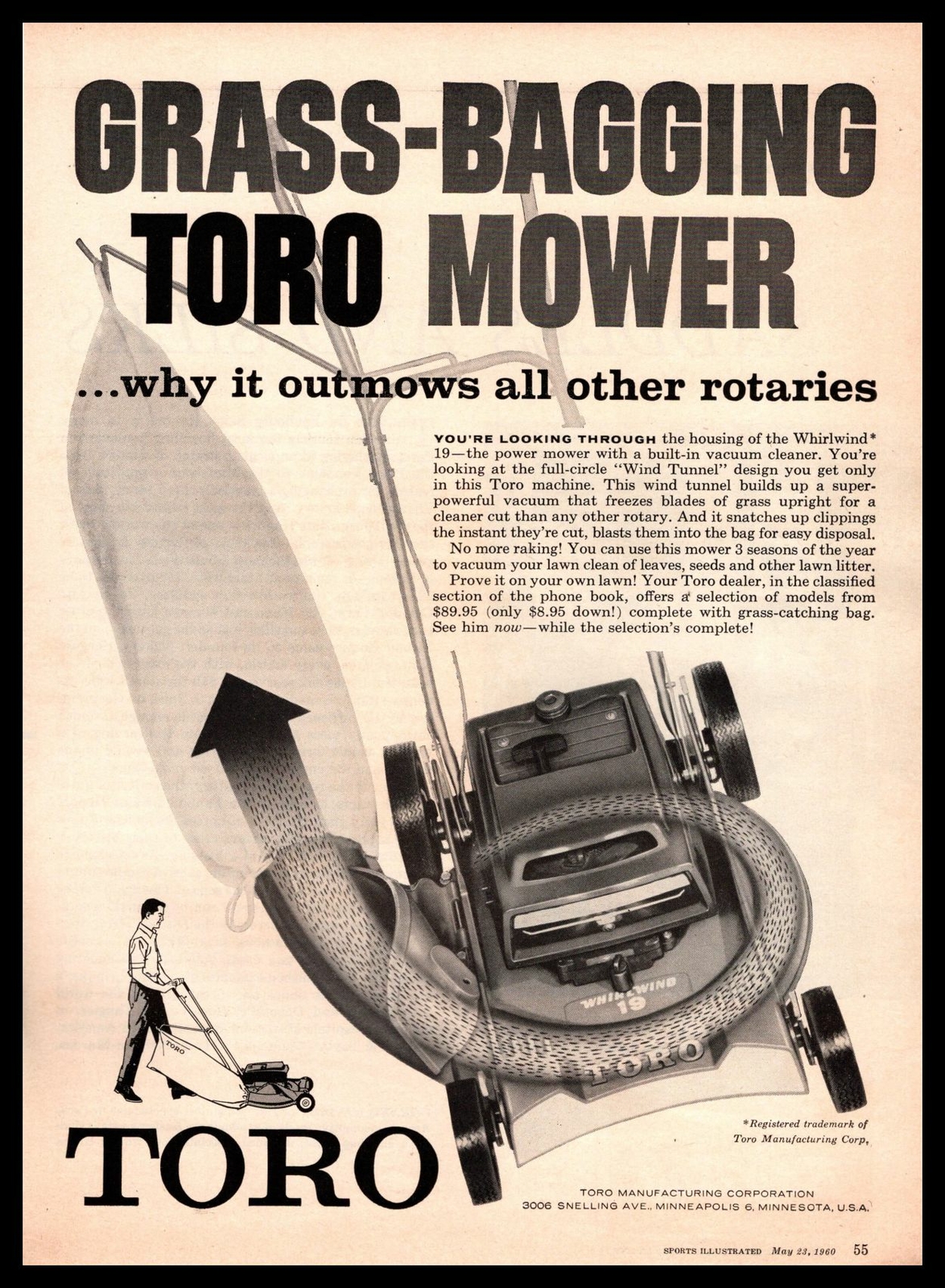 1960 Toro Whirlwind 19 “Grass-Bagging” Lawn Mower Minneapolis Minnesota Print Ad