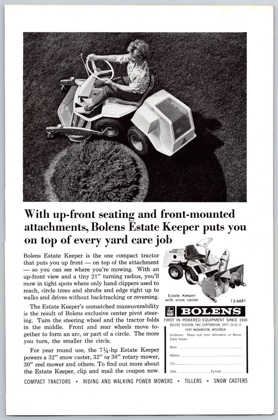 1966 Bolens Estate Keeper Riding Mower, Port Washington WI Print Ad 6.5″ x 10″