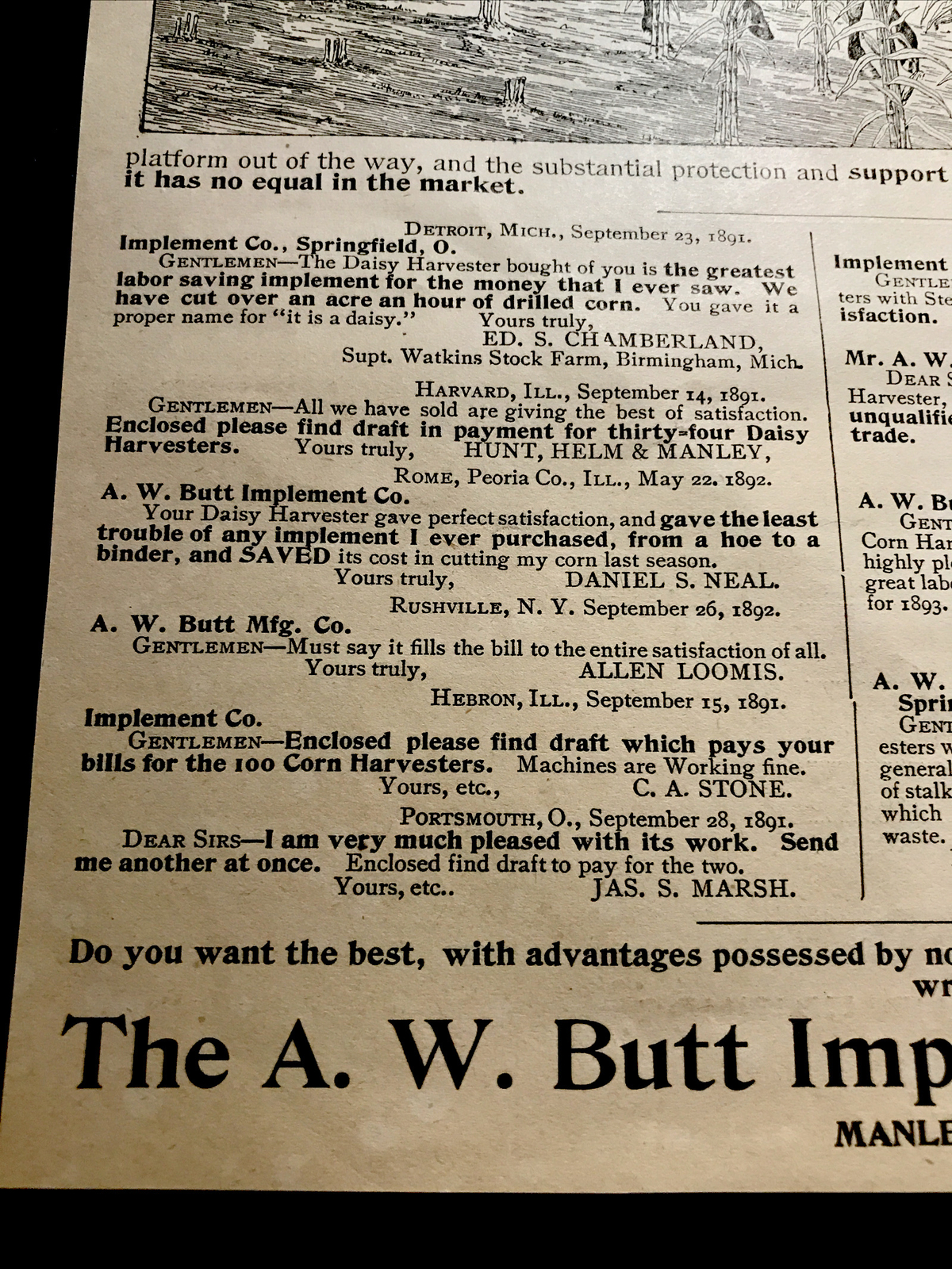 1893 Butt Daisy Corn Harvester Farm Engraving Advertising – Springfield – Ohio