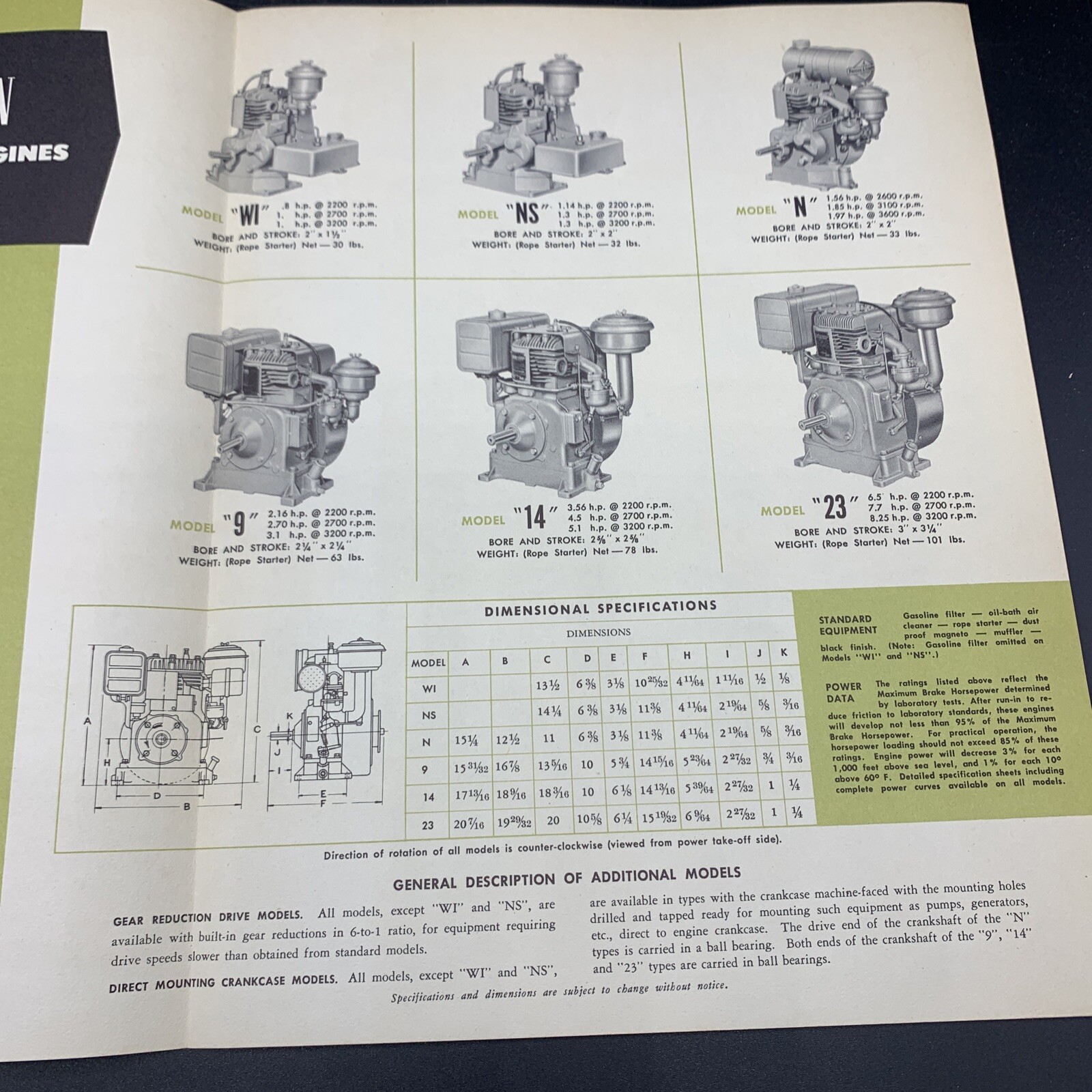 1940’s-50’s Briggs & Stratton Corporate Sales Brochure- Models WI/NS/N/9/10-Etc
