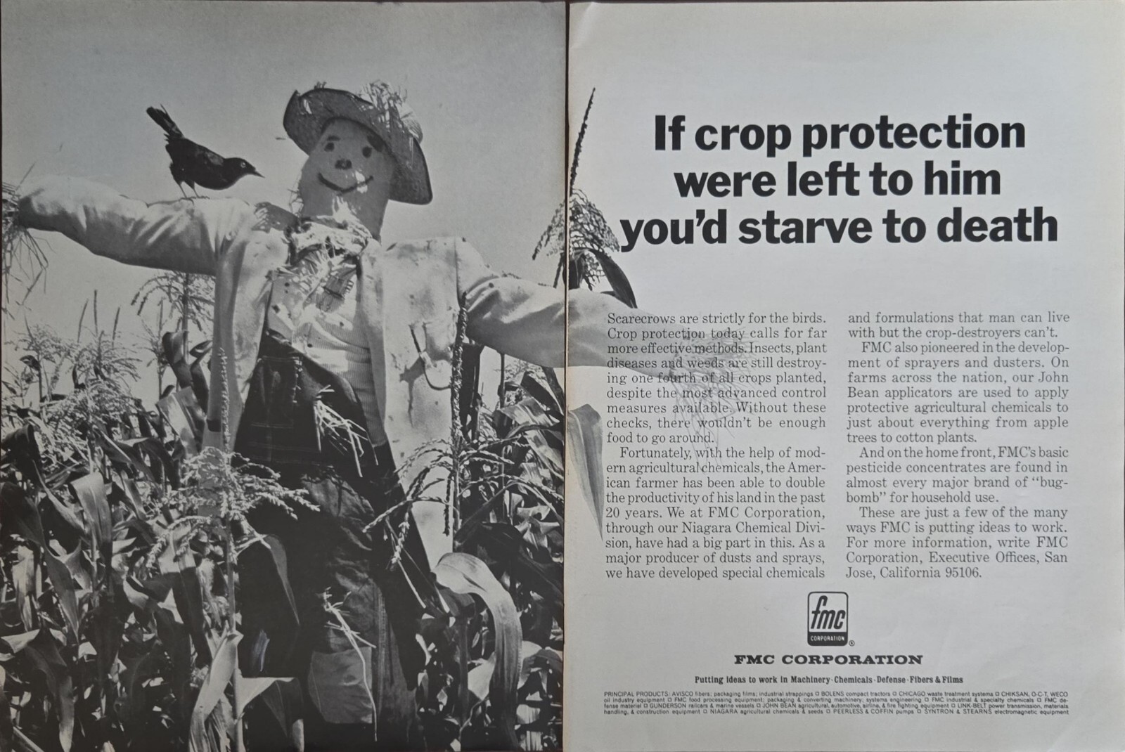 FMC Corporation Machinery Scarecrow 1969 Vintage Print Ad Farming Crops 2 Page