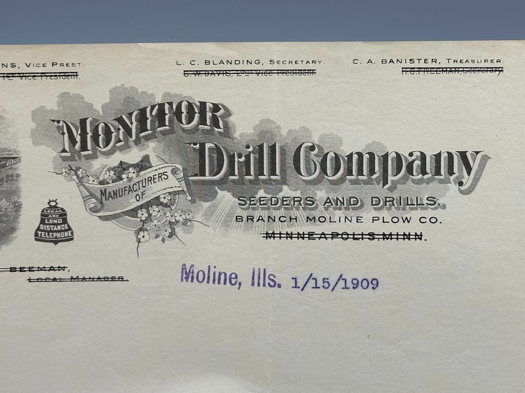 1909 MONITOR DRILL Co FARM ADVERTISING Illustrate Letter Antique MOLINE Illinois