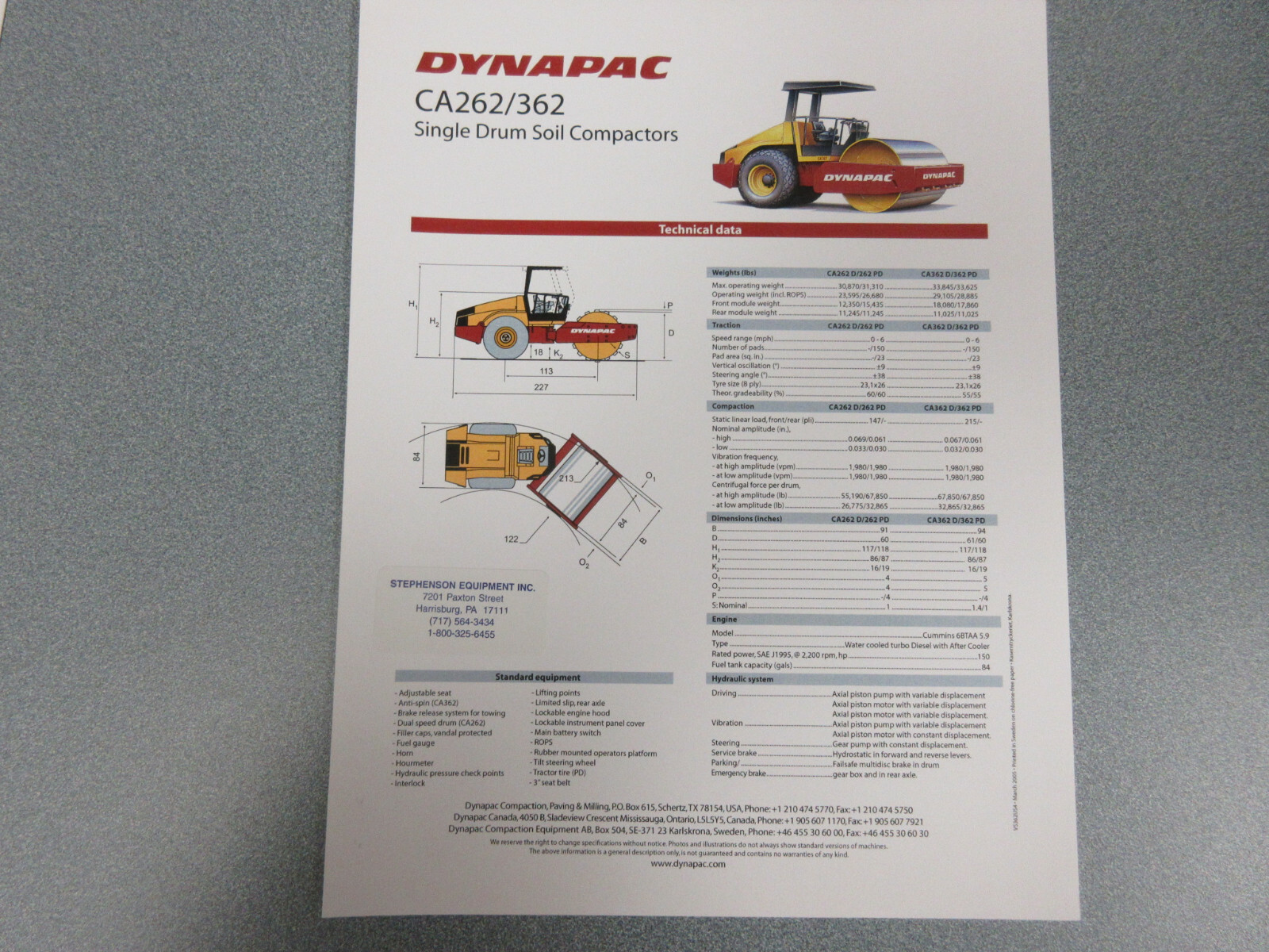 Dynapac CA262/362 Roller Compactor Brochure 1 Page