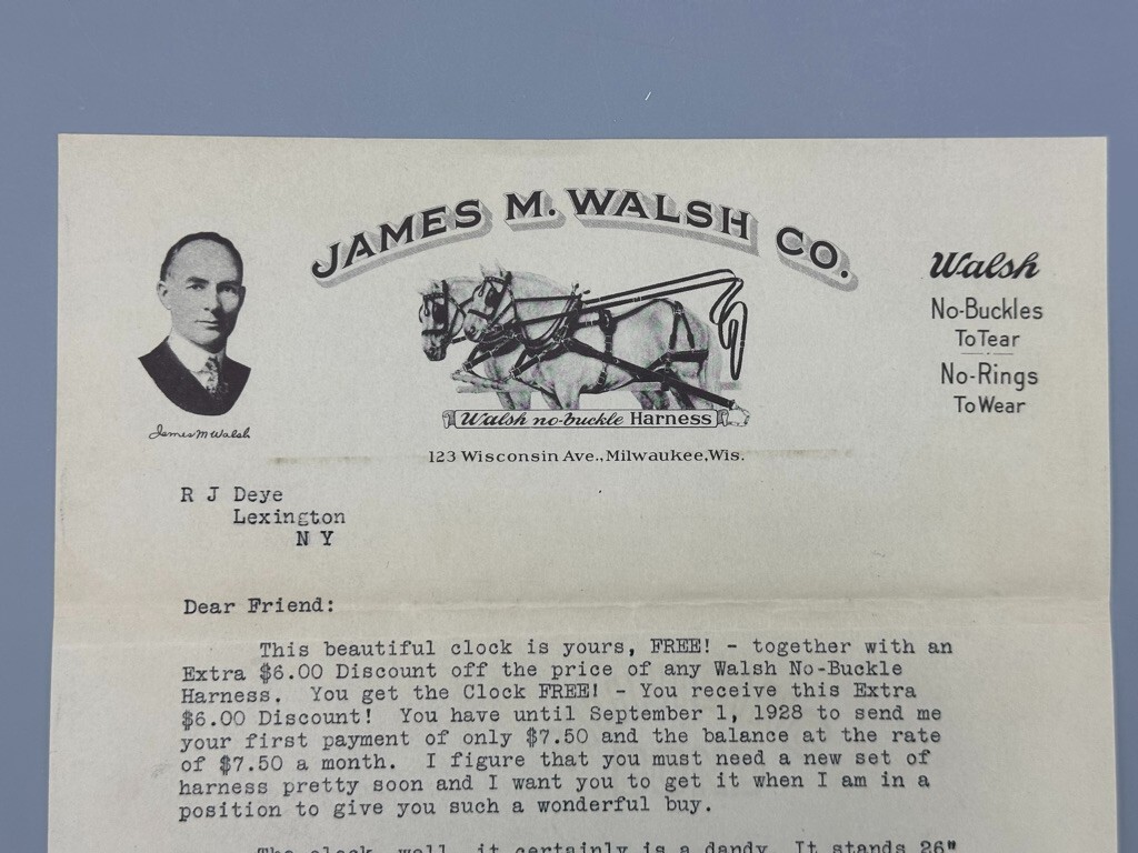 1928 James Walsh HORSE HARNESS Collars FARM Advertising MILWAUKEE Wisconsin