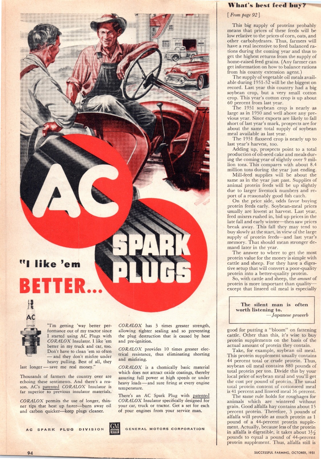 1951 AC Spark Plugs Coralox Insulator Tractor 50’s Vintage Print Ad