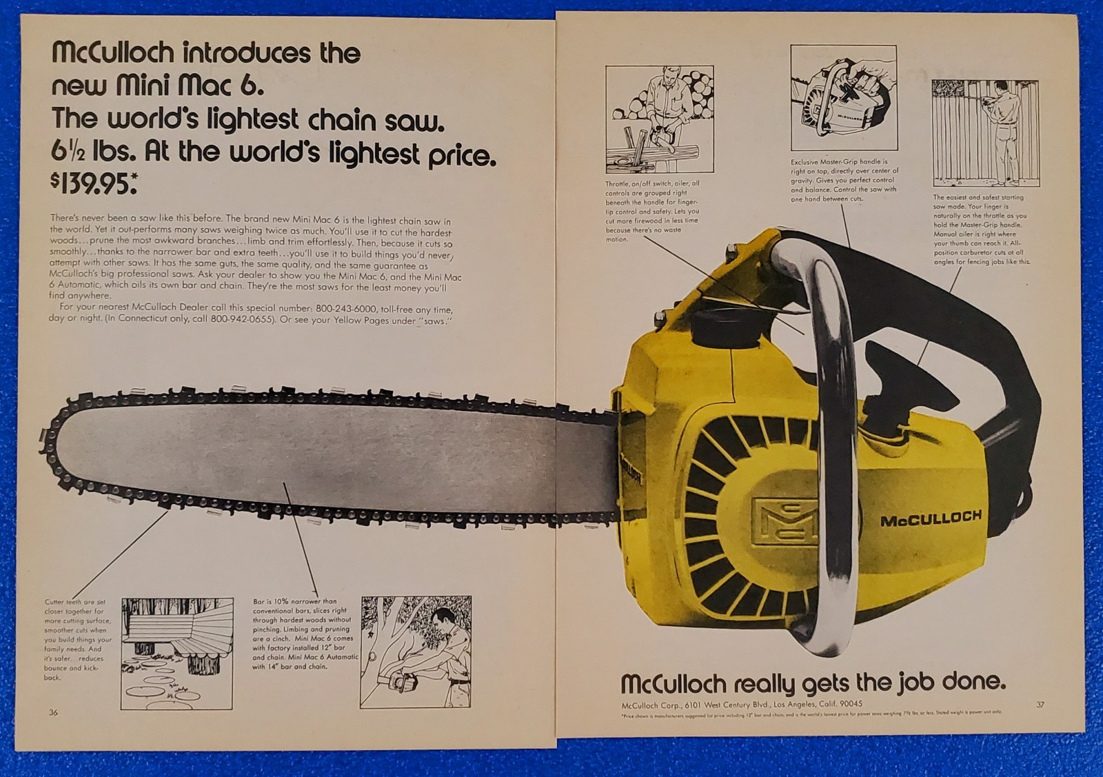 1970 McCULLOCH MINI MAC 6 CHAIN SAW ORIGINAL 2 PAGE PRINT AD “GETS THE JOB DONE”