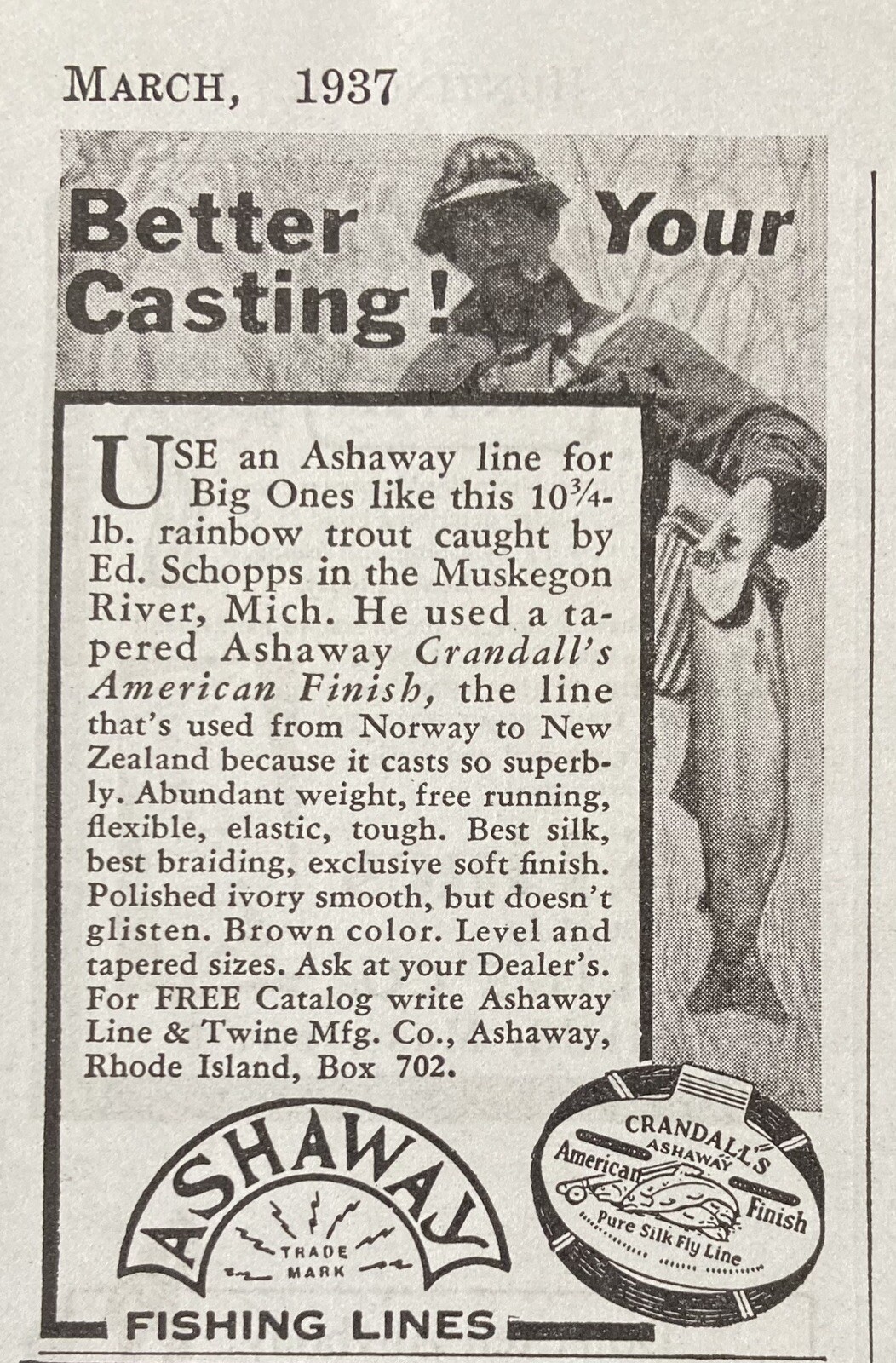 1937 AD.(XH65)~ASHAWAY LINE & TWINE MFG. CO. ASHAWAY, RI. ASHAWAY FISHING LINE