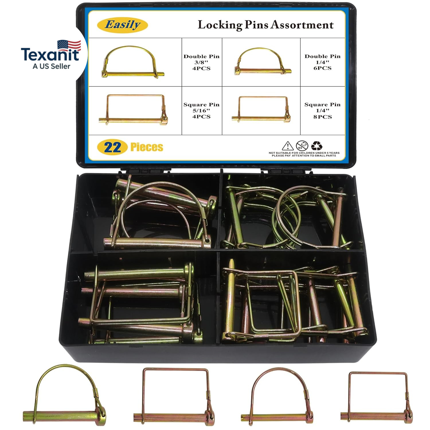 22 Pcs Shaft Locking Pin in 1/4″, 5/16″ and 3/8″ Diameter in 2 Shapes of Square
