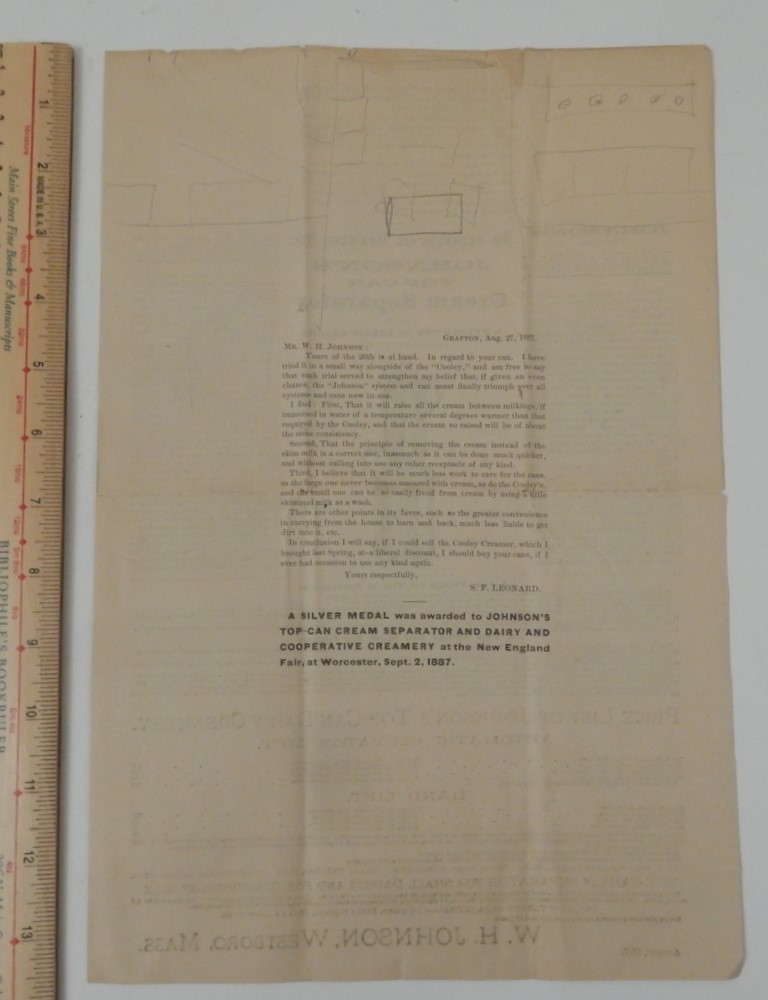 1887 JOHNSON’s Top-Can DAIRY CREAMERY Cream Separator broadside WESTBORO MA milk