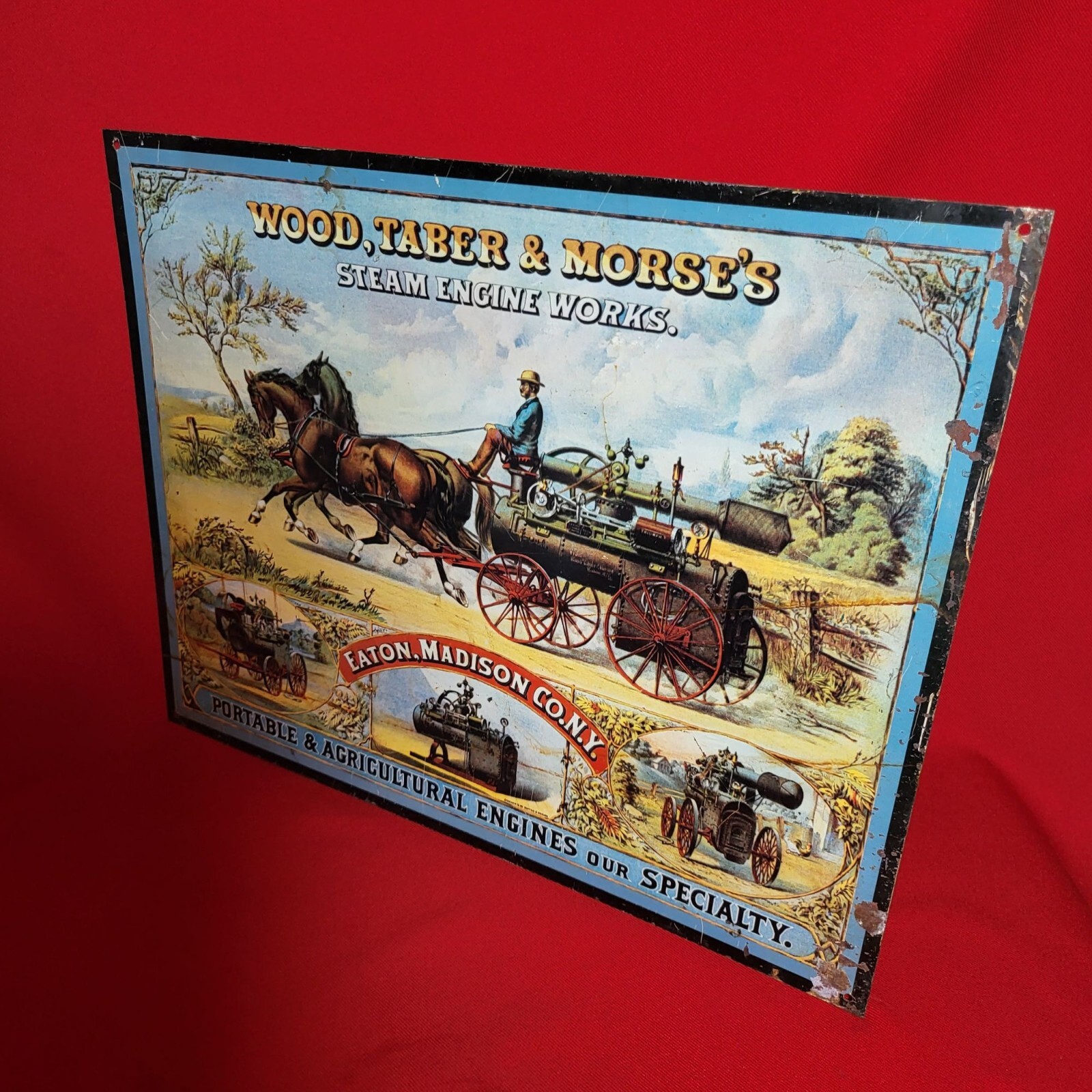 Vintage Repro Wood Taber & Morse’s Steam Engine Works Tin Sign Advertising