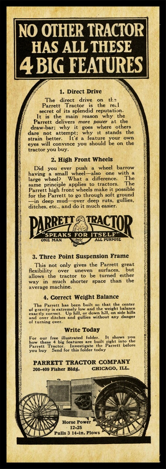1916 Parrett Tractors of Chicago, Illinois New Metal Sign: 6″ x 18″ Long