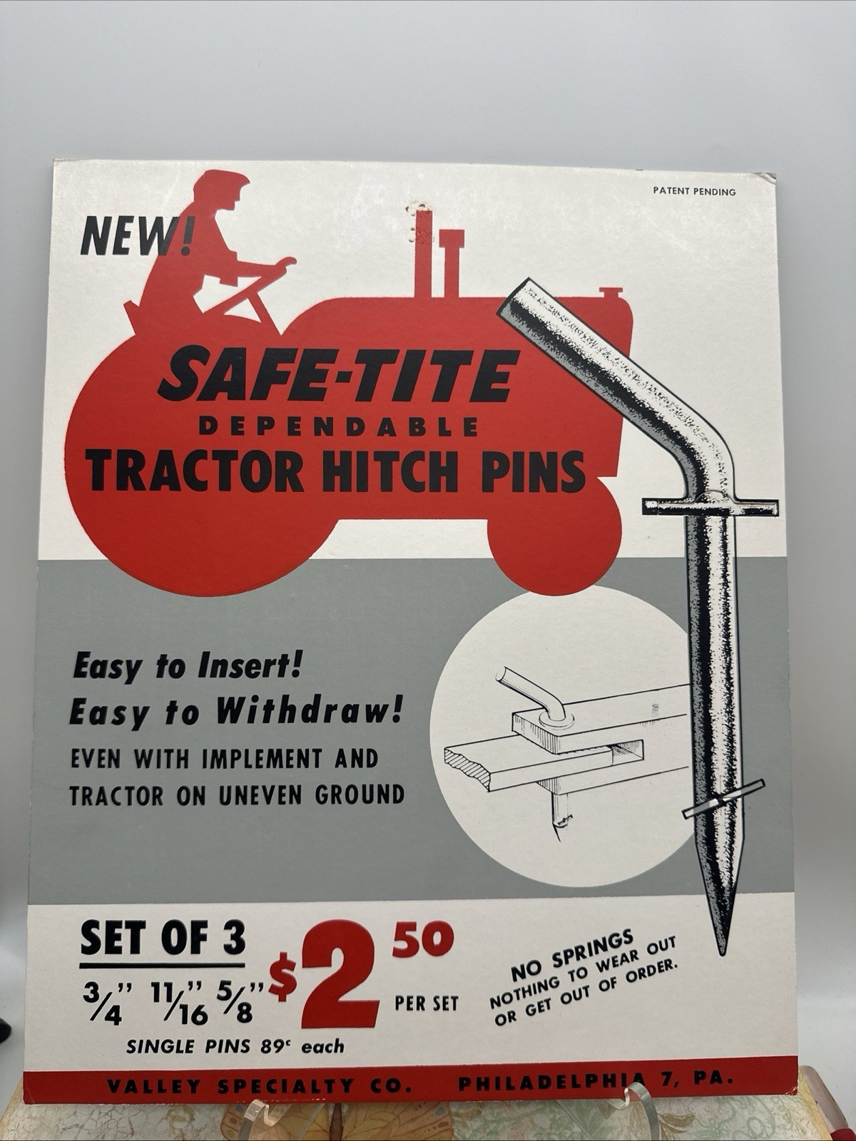 Vintage 1950s Safe-Tite Tractor Hitch Pins Counter Display Sign Farm Gas Oil PA