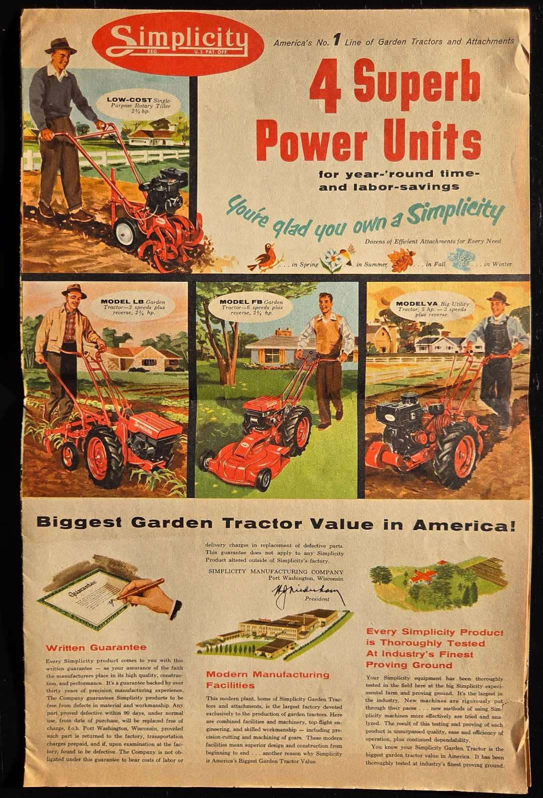 1950’s SIMPLICITY TRACTOR’s & ROTARY TILLER POSTER SIZE BROCHURE AWESOME!