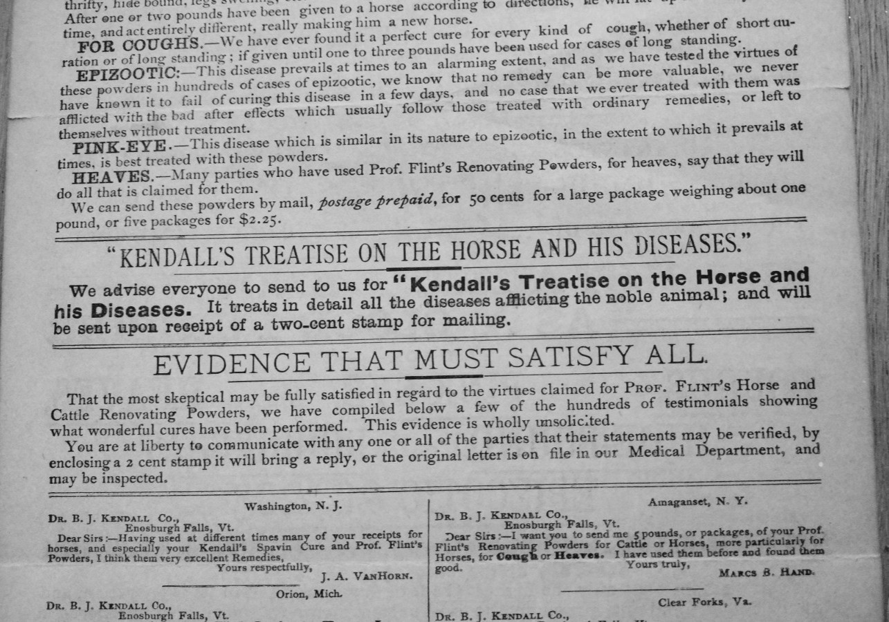 1893 Prof. Flint’s Horse and Cattle Powders 2 Sided Ad Enosburg Falls, VT