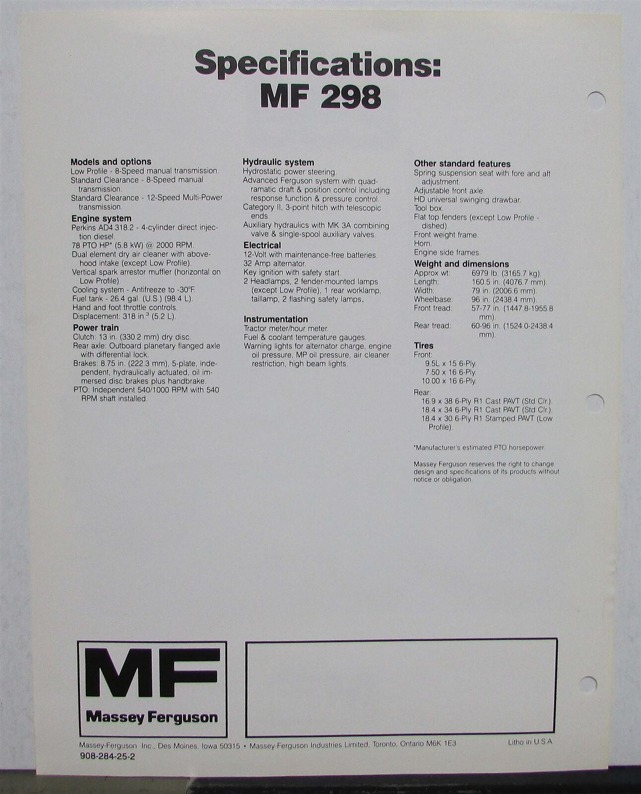 1984 Massey Ferguson 298 Tractor Specs Agricultural Sales Data Sheet