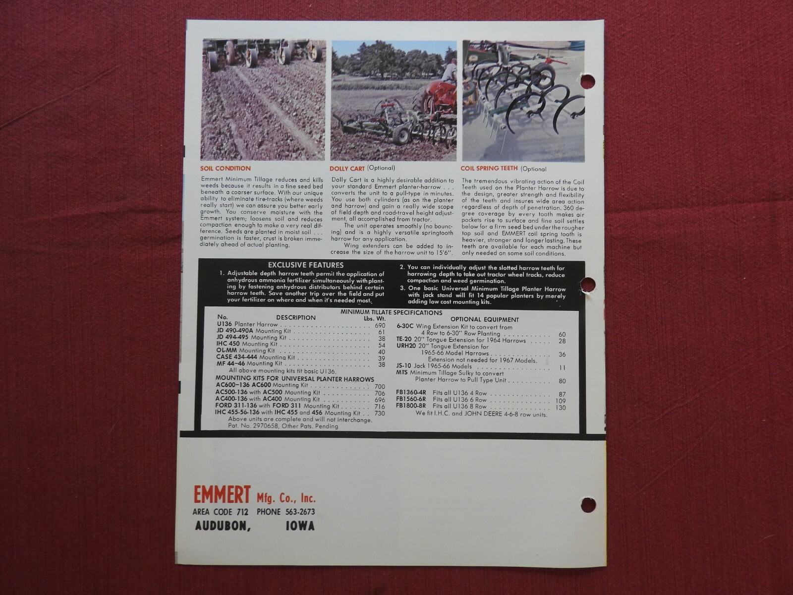 1972 U136 PLANTER HARROW FARM IMPLEMENT SALES CATALOG EMMERT MFG CO AUDUBON IOWA